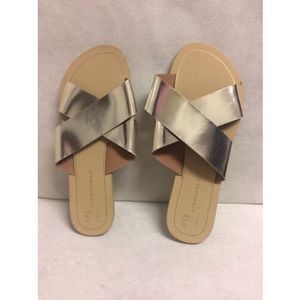 Atmosphere Primark Women’s Gold Leather Criss Cross Slide Sandals Flats Size 7